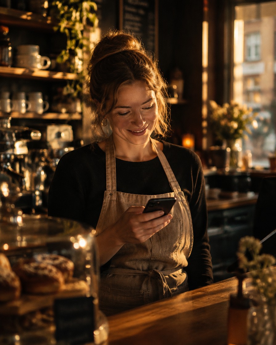 Företagare läser en ny femstjärnig recension på sin telefon bakom disken i sin butik